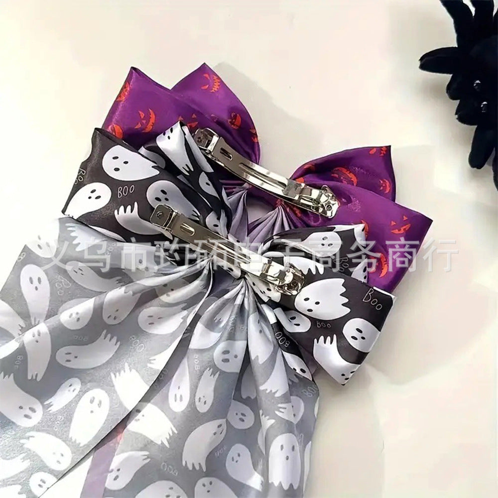 Wholesale  Hair Accessories Ghost  Web Ribbon Spring Clip Pumpkin Head Print